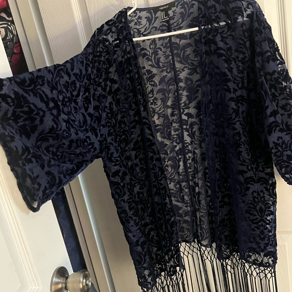 Midnight velvet blue sheer shawl tunic